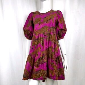 Farm Rio Artsy Magenta Leopard Print Tiered Balloon Sleeve Dress Women's Medium